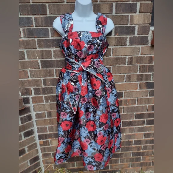 Autumn Adeigbo Floral Metallic Gabriella Pocket Fit Flare Dress 2 New